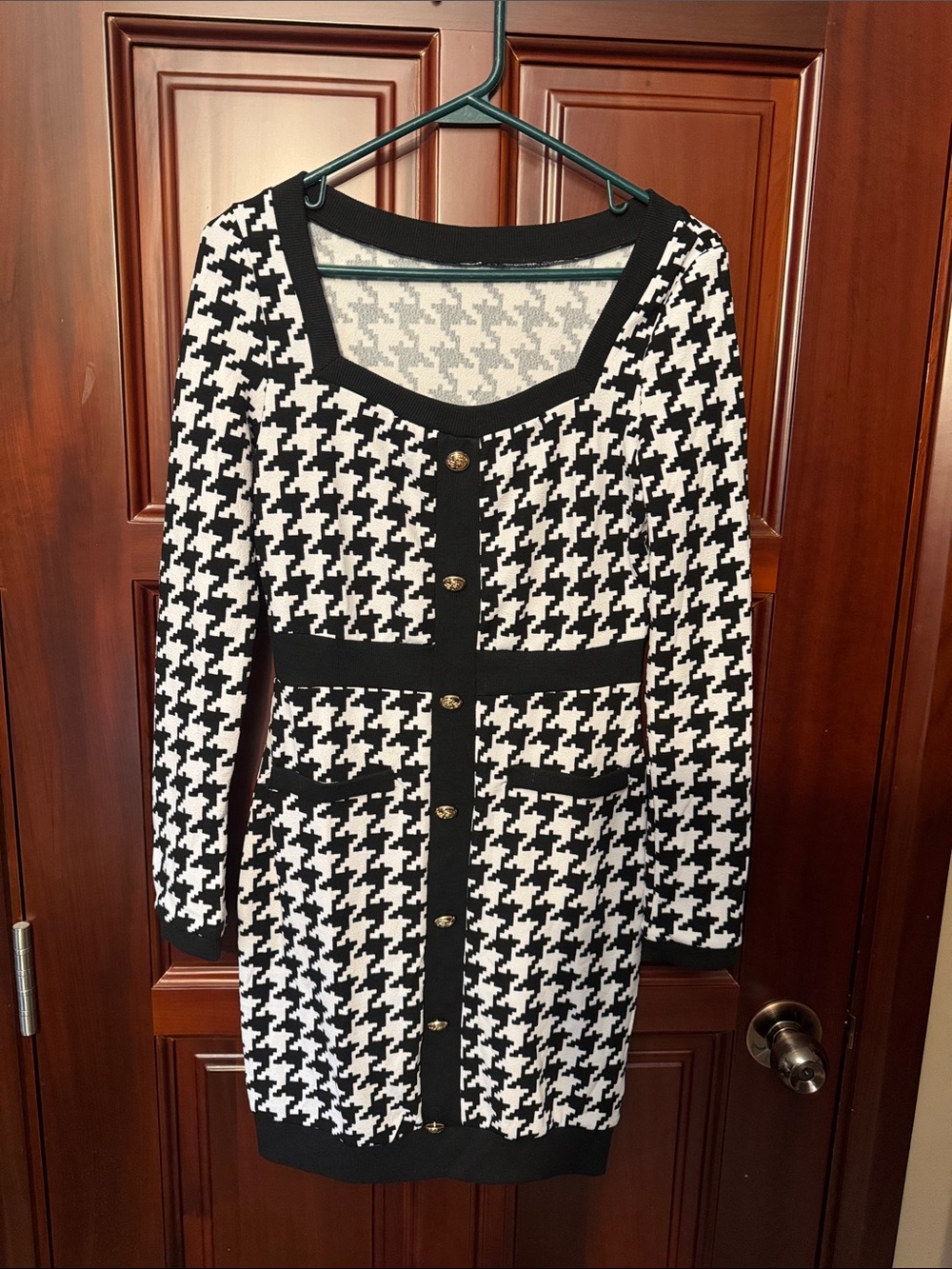Black & White Houndstooth Knit Cardigan Dress